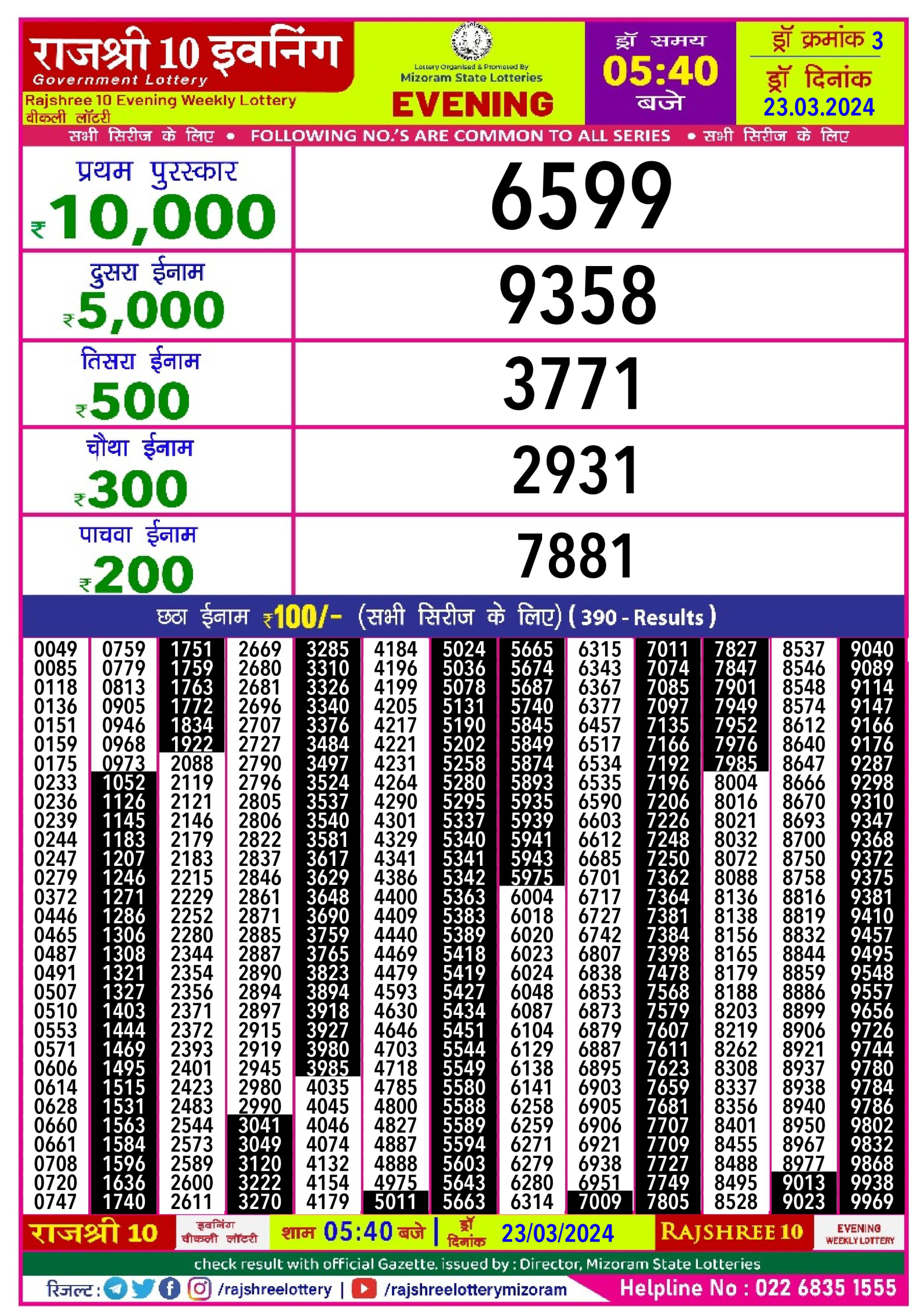 Rajshree lottery result 5.40pm 23-3-2024