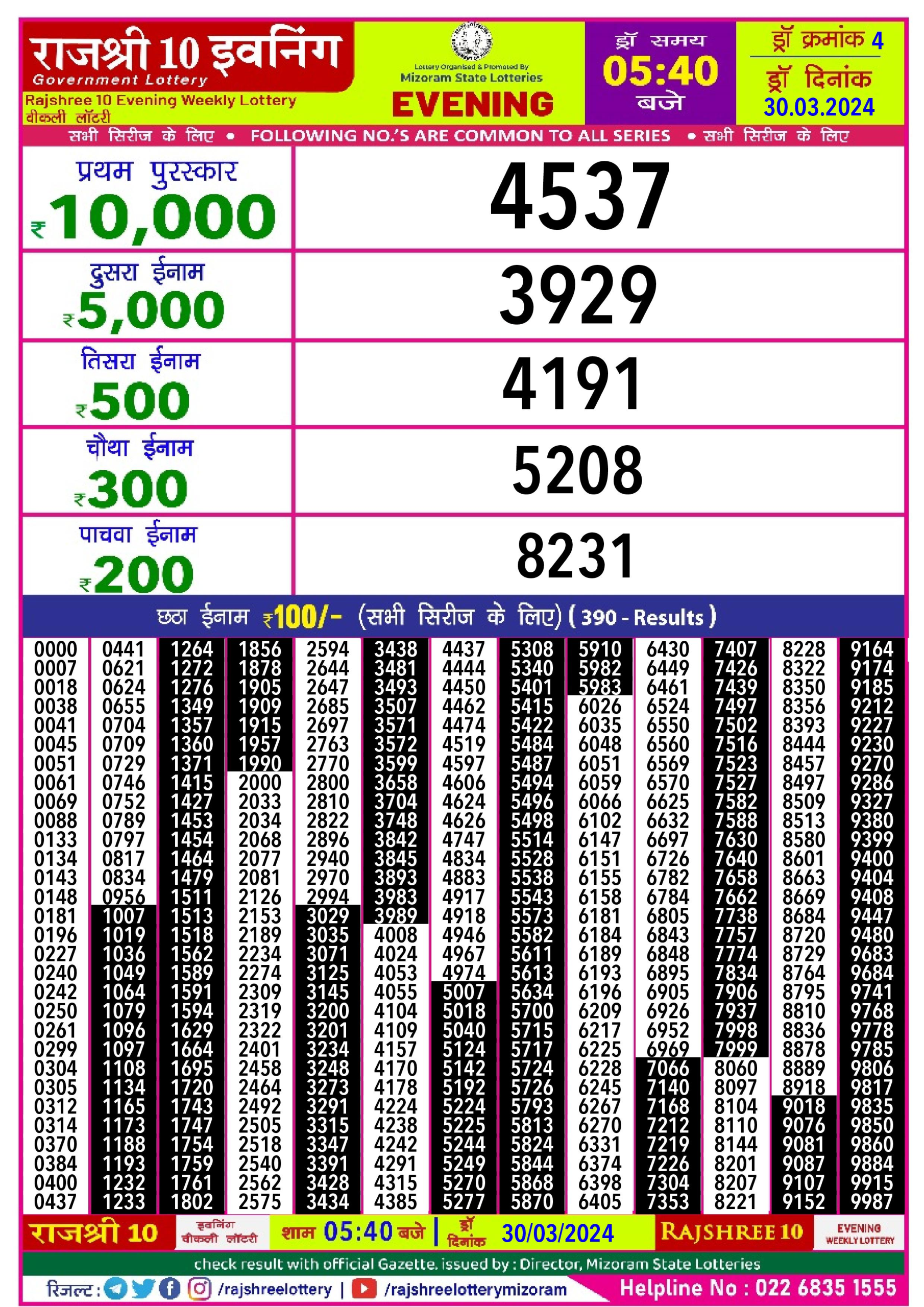 Rajshree daily lottery result 5.40pm 30-3-24