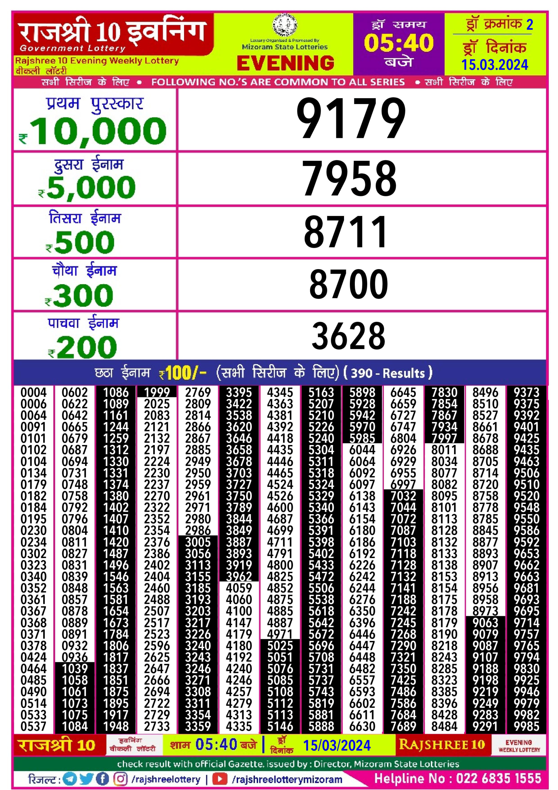 Rajshree lottery result 5.40pm 15-3-2024