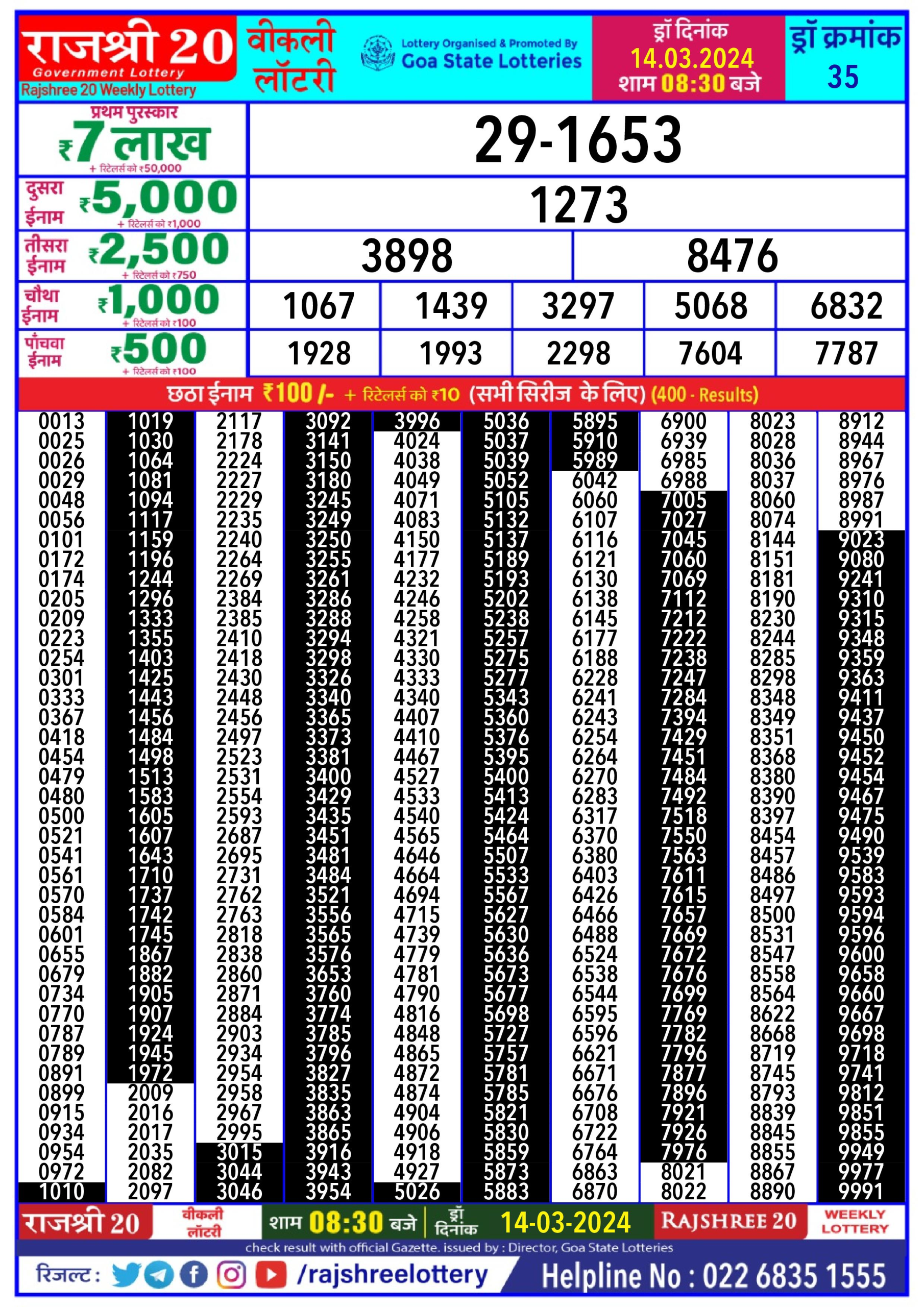 Rajshree daily lottery result 8.30pm 14-3-24