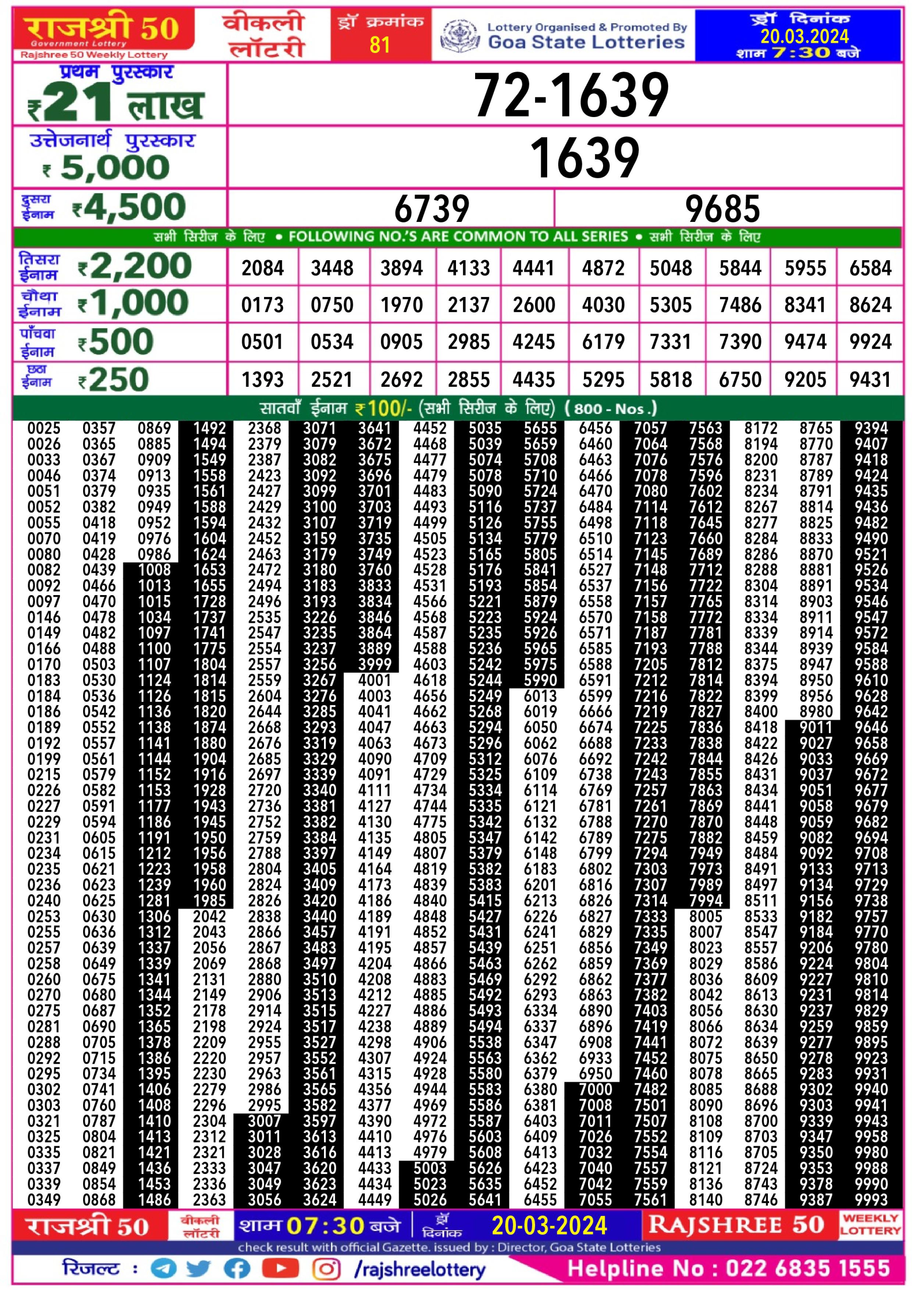 Rajshree50 daily lottery result 7.30pm 20-3-24