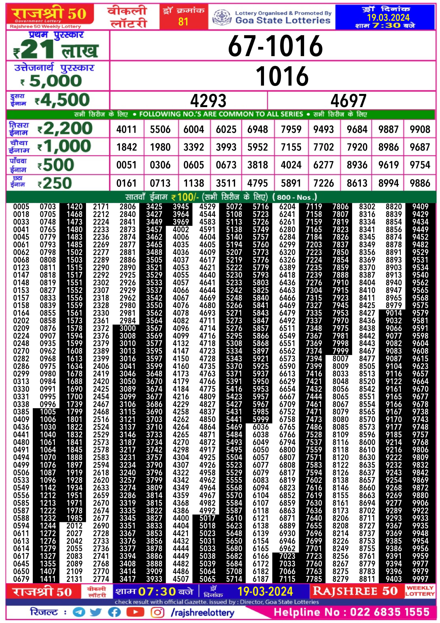 Rajshree50 daily lottery result 7.30pm 19-3-24