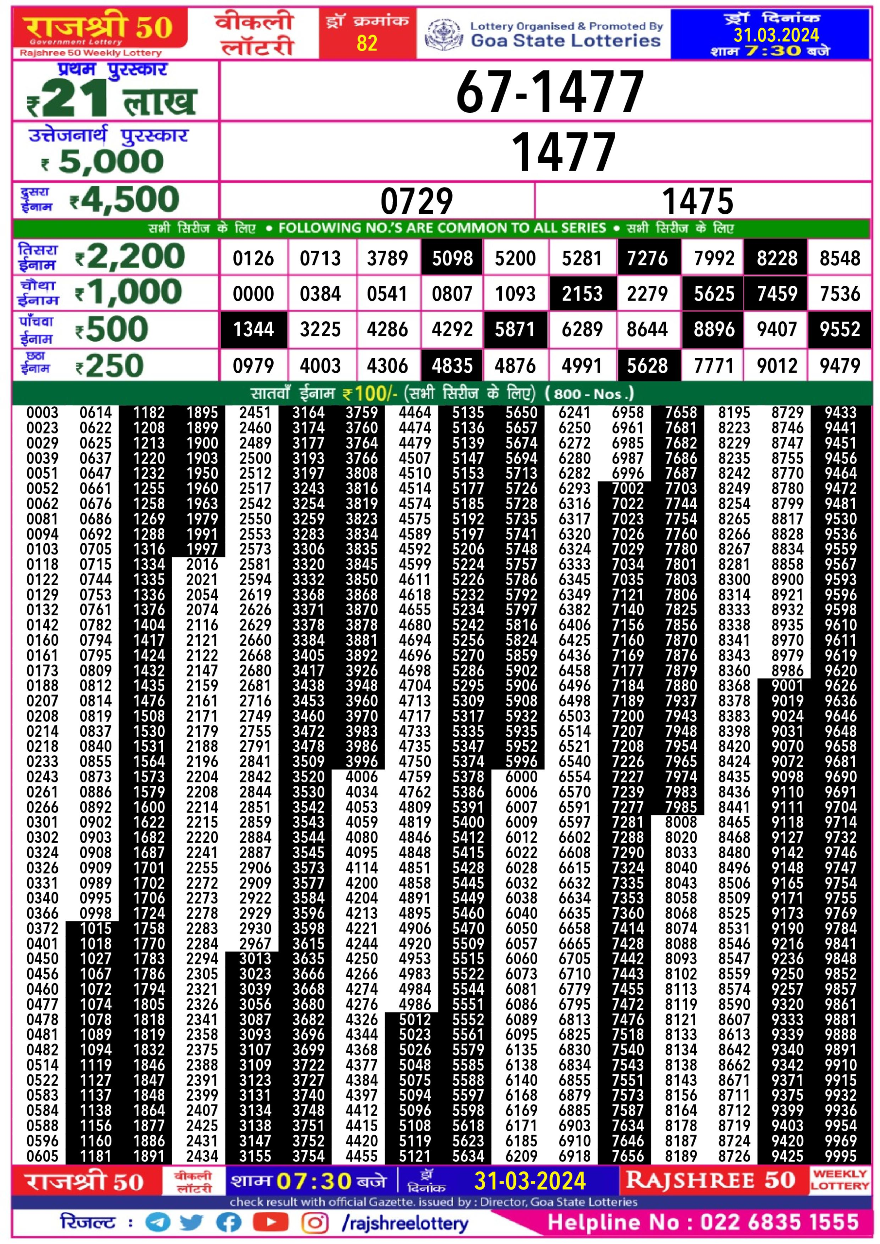 Rajshree50 daily lottery result 7.30pm 31-3-24