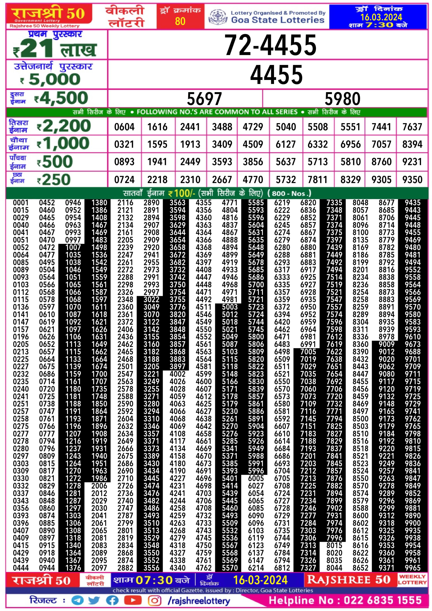 Rajshree50 daily lottery result 7.30pm 16-3-24