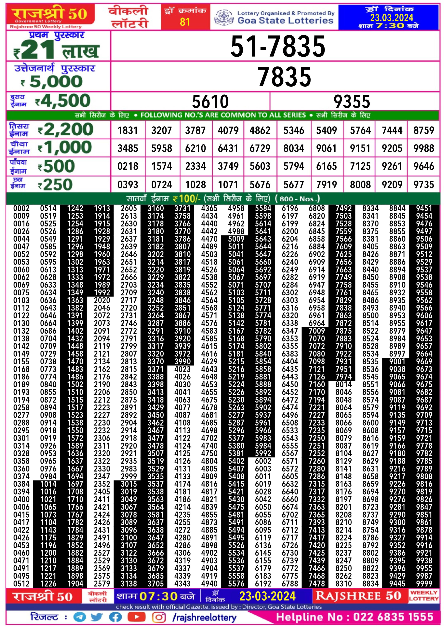 Rajshree50 daily lottery result 7.30pm 23-3-24