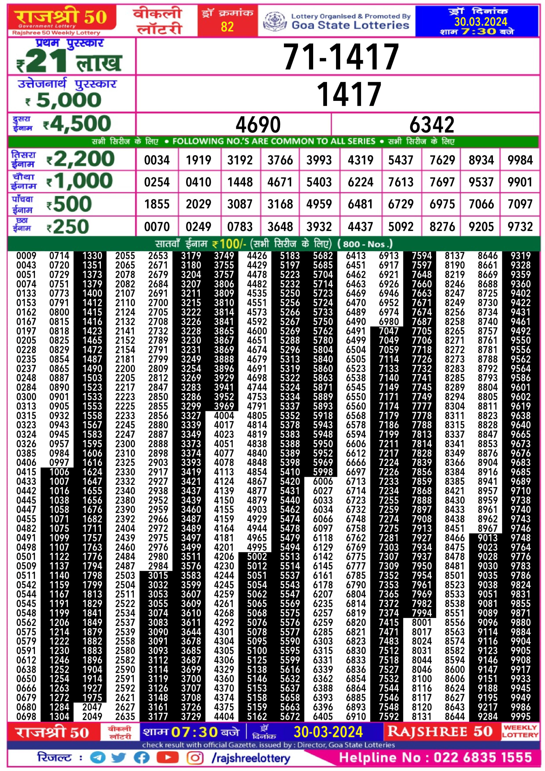 Rajshree50 daily lottery result 7.30pm 30-3-24