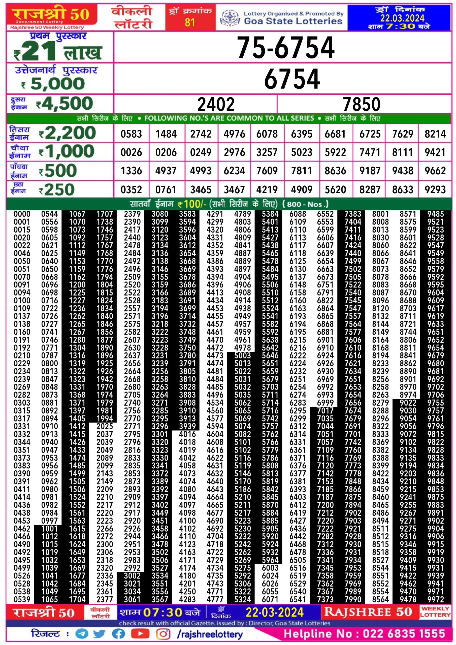 Rajshree50 daily lottery result 7.30pm 22-3-24