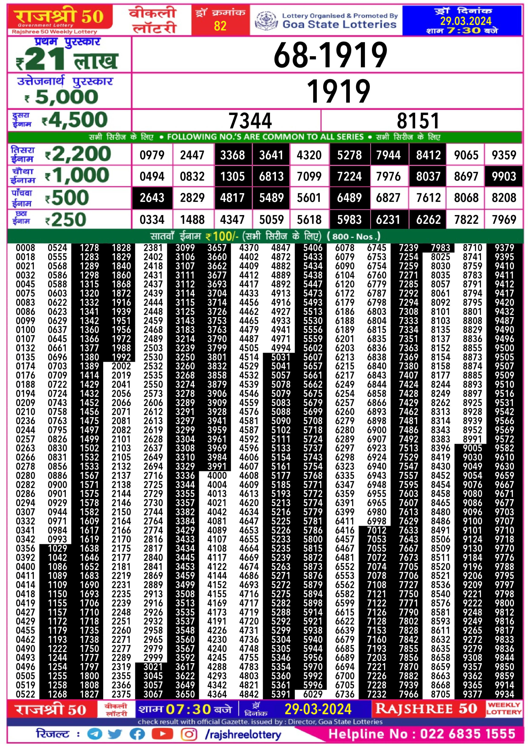 Rajshree daily lottery result 7.30pm 29-3-24