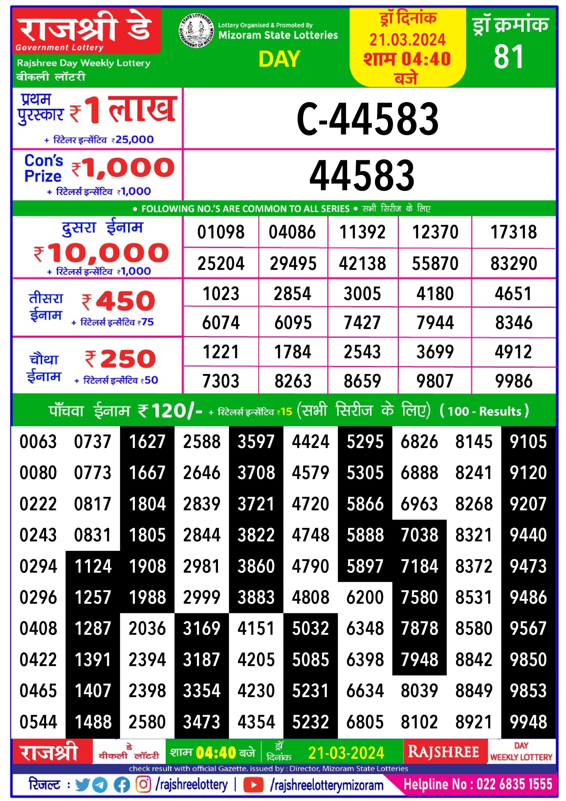 Rajshree lottery result 4.40pm 21-3-2024