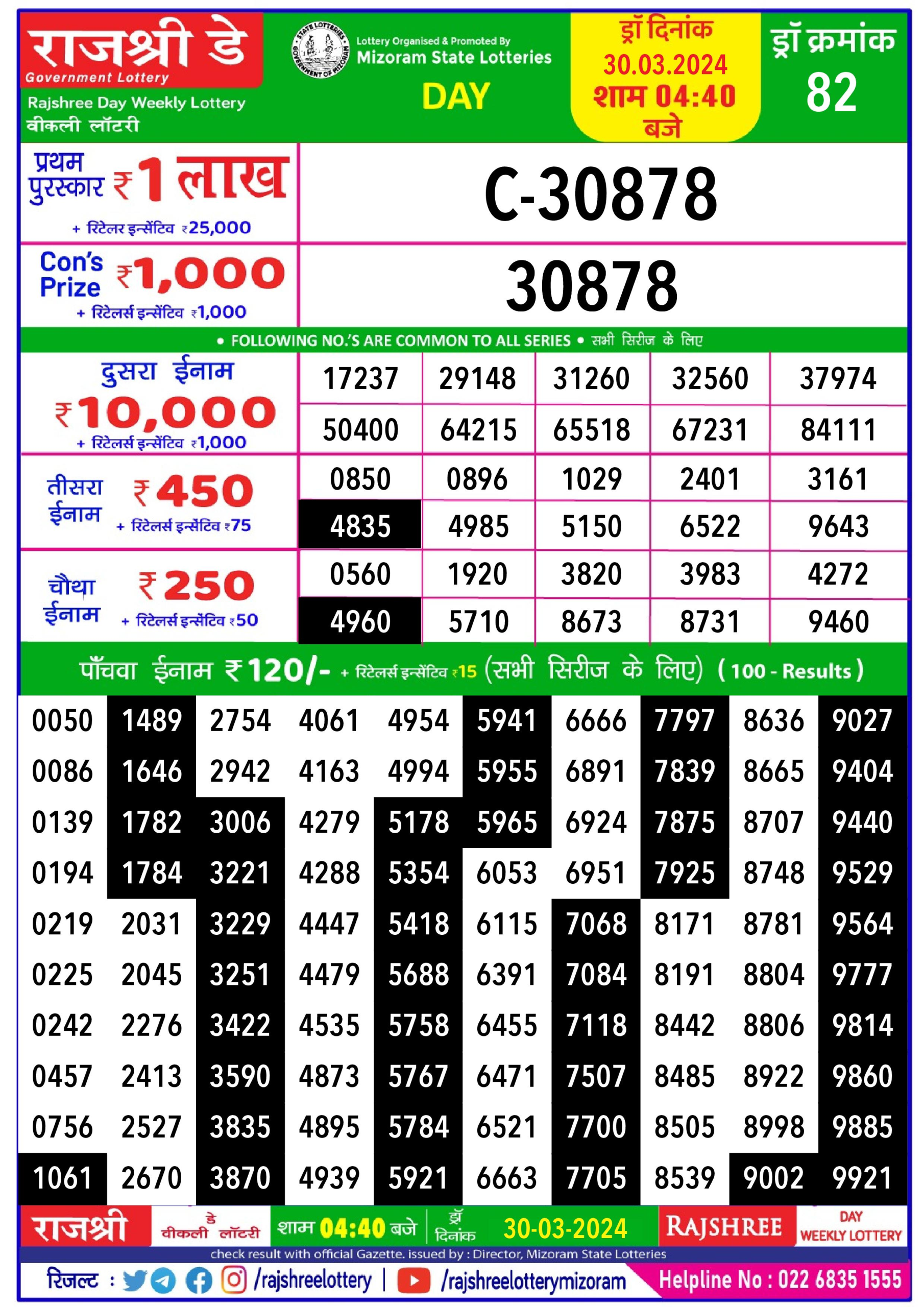 Rajshree lottery result 4.40pm 30-3-2024