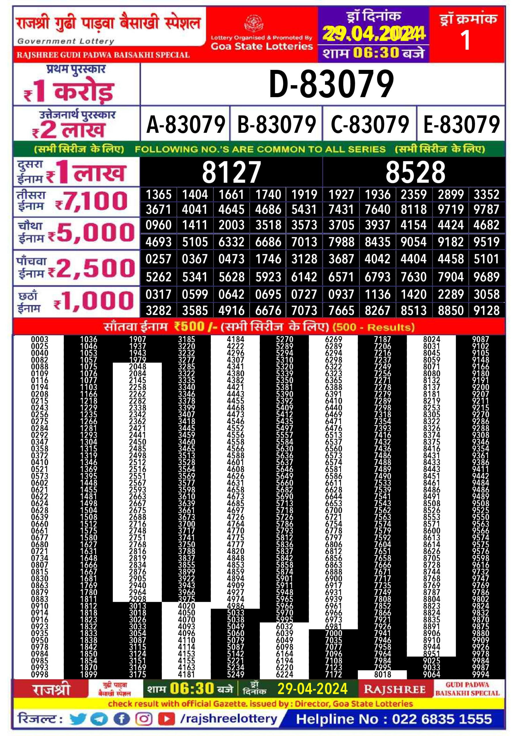 Rajshree Gudi Padwa Baisakhi Special lottery result 29/04/24