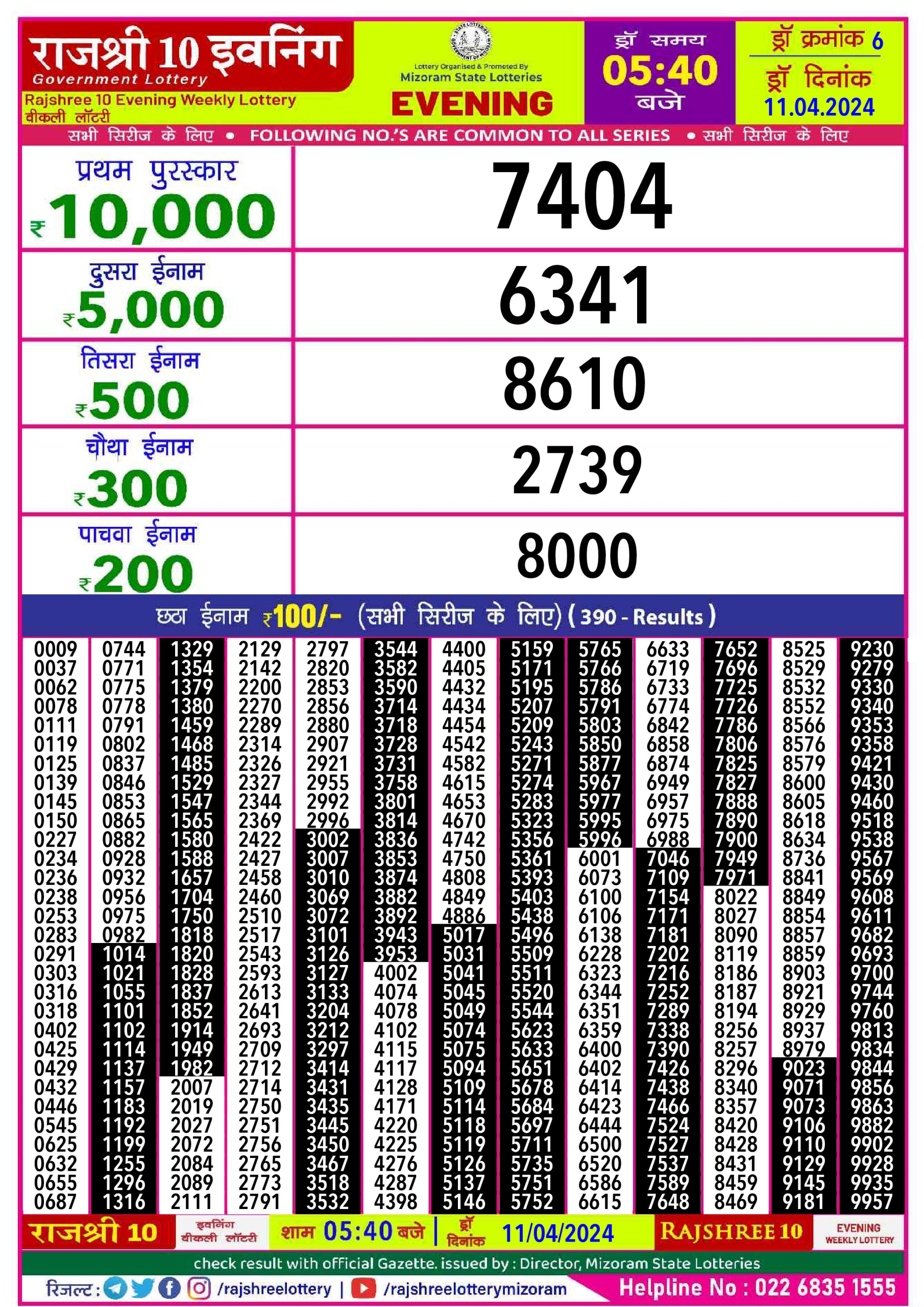 Rajshree10 Daily Lottery 5:40PM Result 11Apr 24