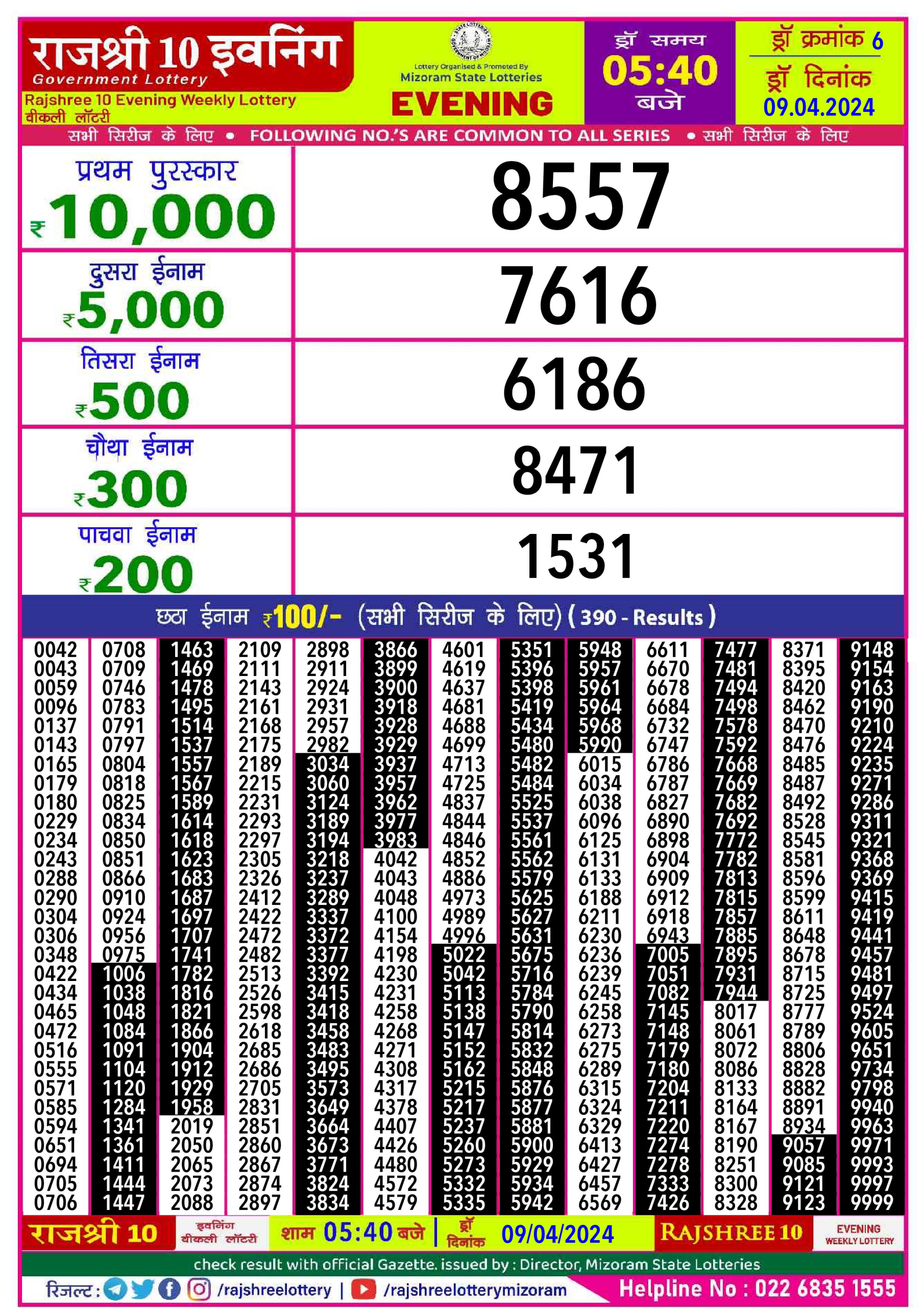 Rajshree10 Daily Lottery 5:40PM Result 9Apr 24