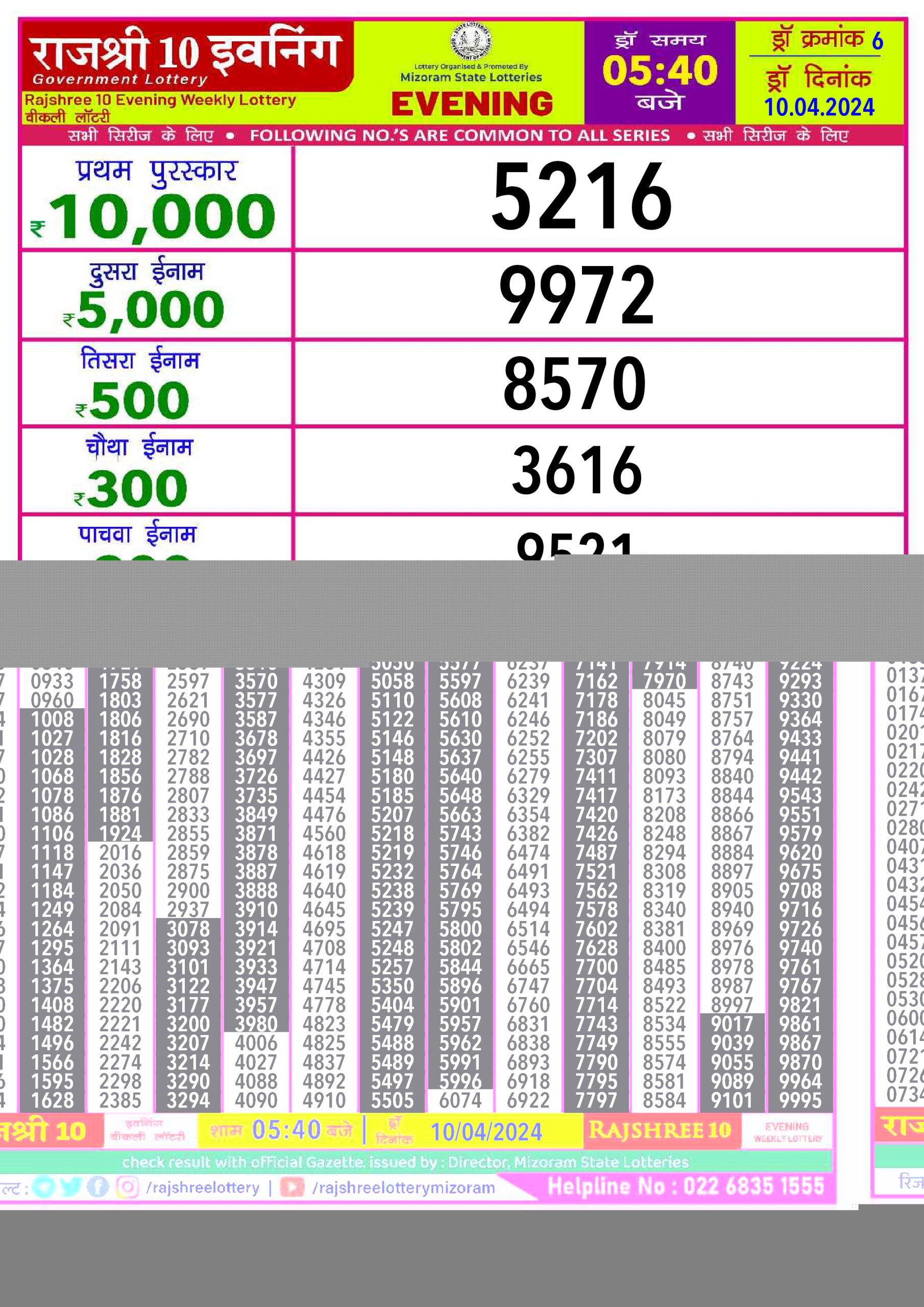 Rajshree10 Daily Lottery 5:40PM Result 10Apr 24