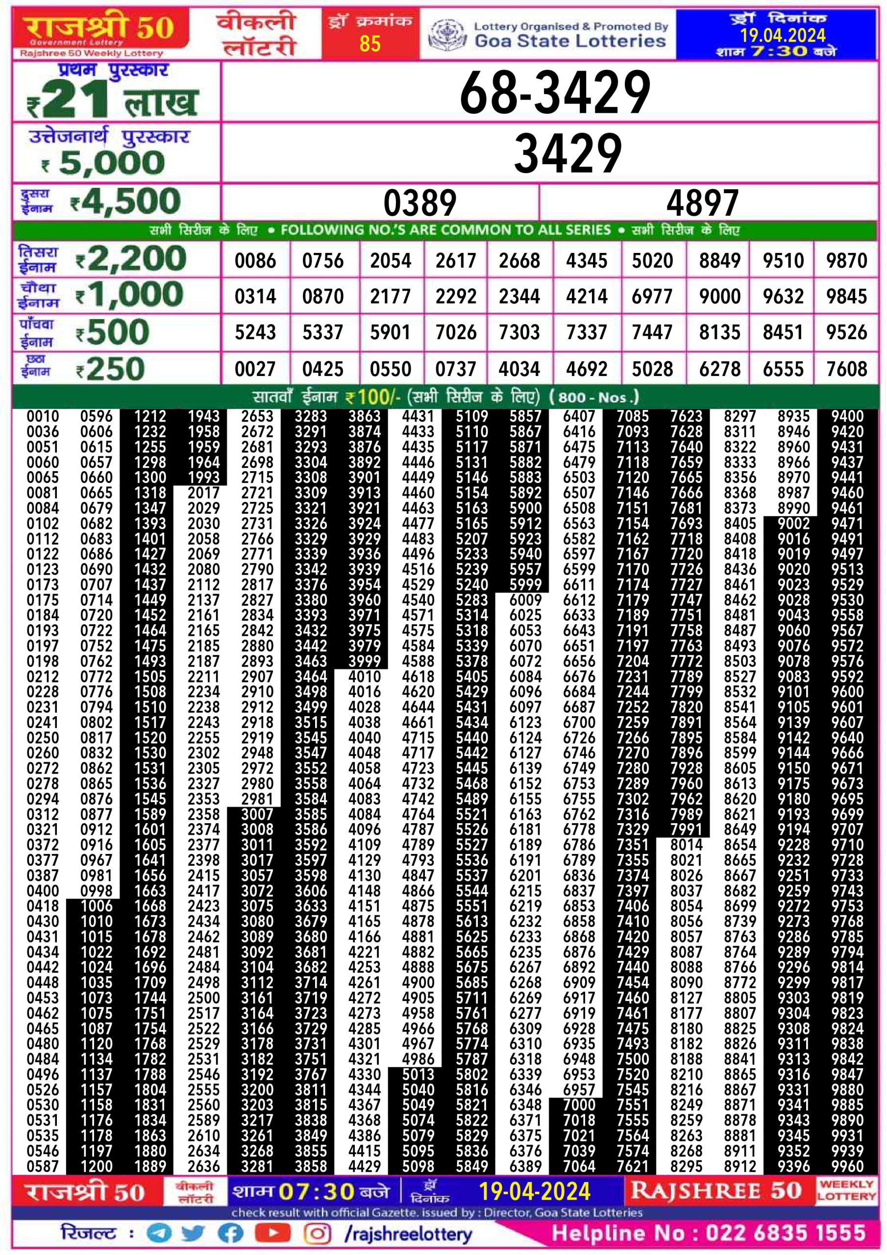 Rajshree 50 weekly Lottery 7:30PM Result 19 Apr 24