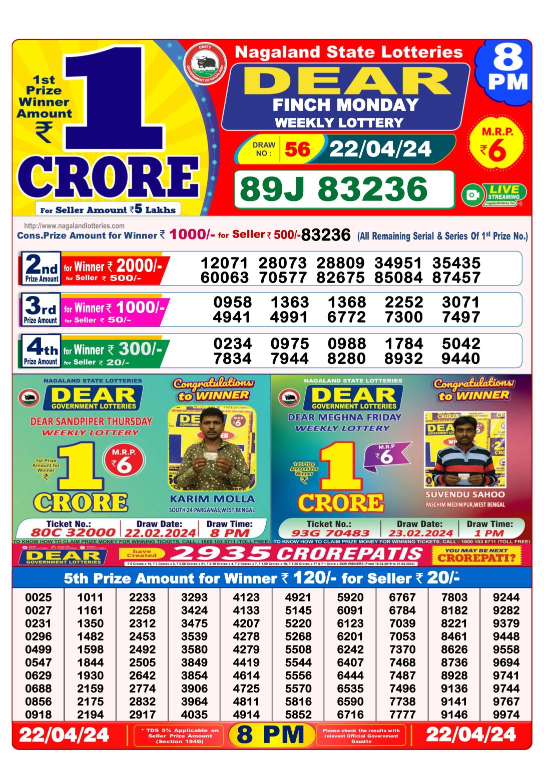 Dear Daily Lottery 8PM Result 22Apr 24