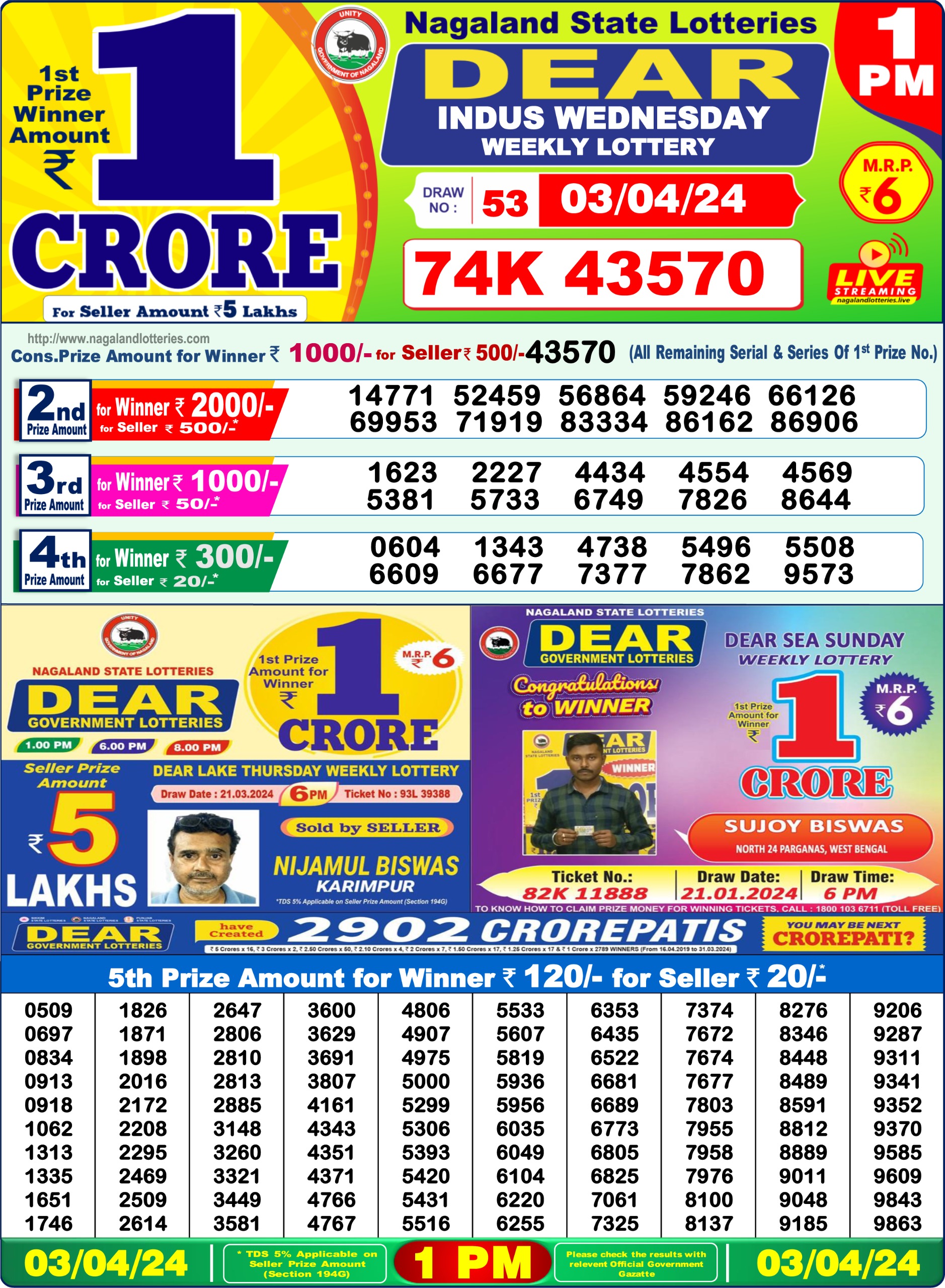 Dear Daily Lottery 1PM Result 3 Apr 24