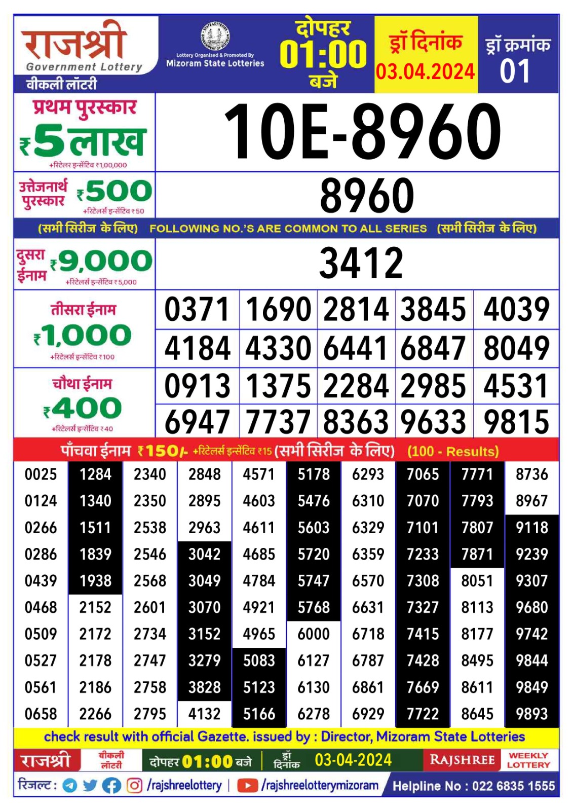 Rajshree Daily Lottery 1PM Result 3 Apr 24