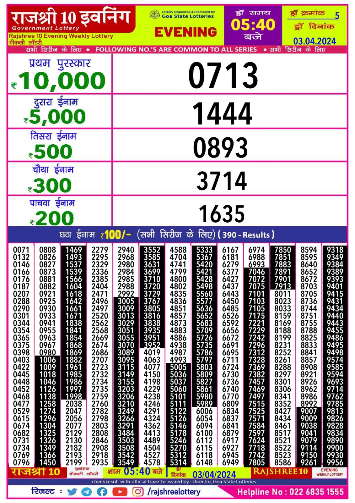 Rajshree Daily Lottery 5:40PM Result 3 Apr 24