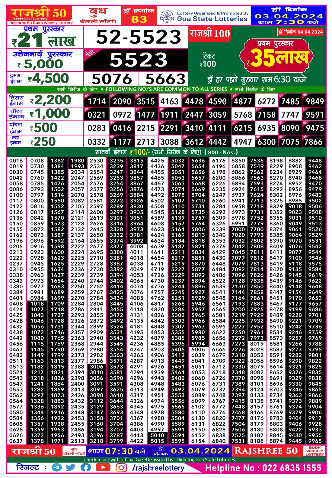 Rajshree 50  Daily Lottery 7:30PM Result 3Apr 24