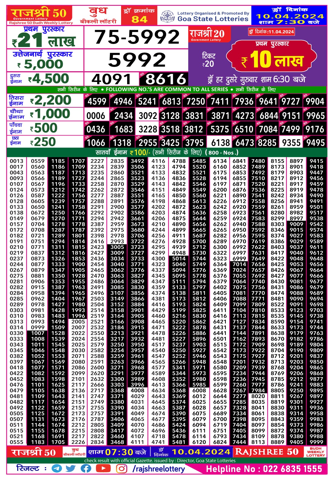 Rajshree 50 weekly Lottery 7:30PM Result 10 Apr 24