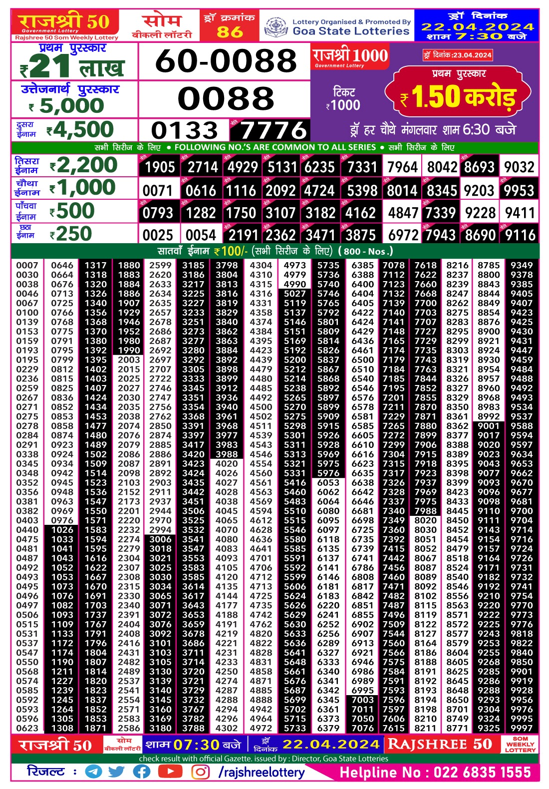 Rajshree 50 weekly Lottery 7:30PM Result 22 Apr 24