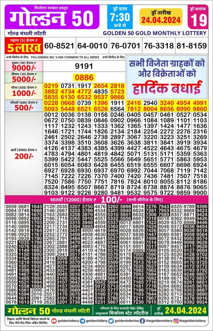 Golden 50 gold lottery monthly result 24-4-24