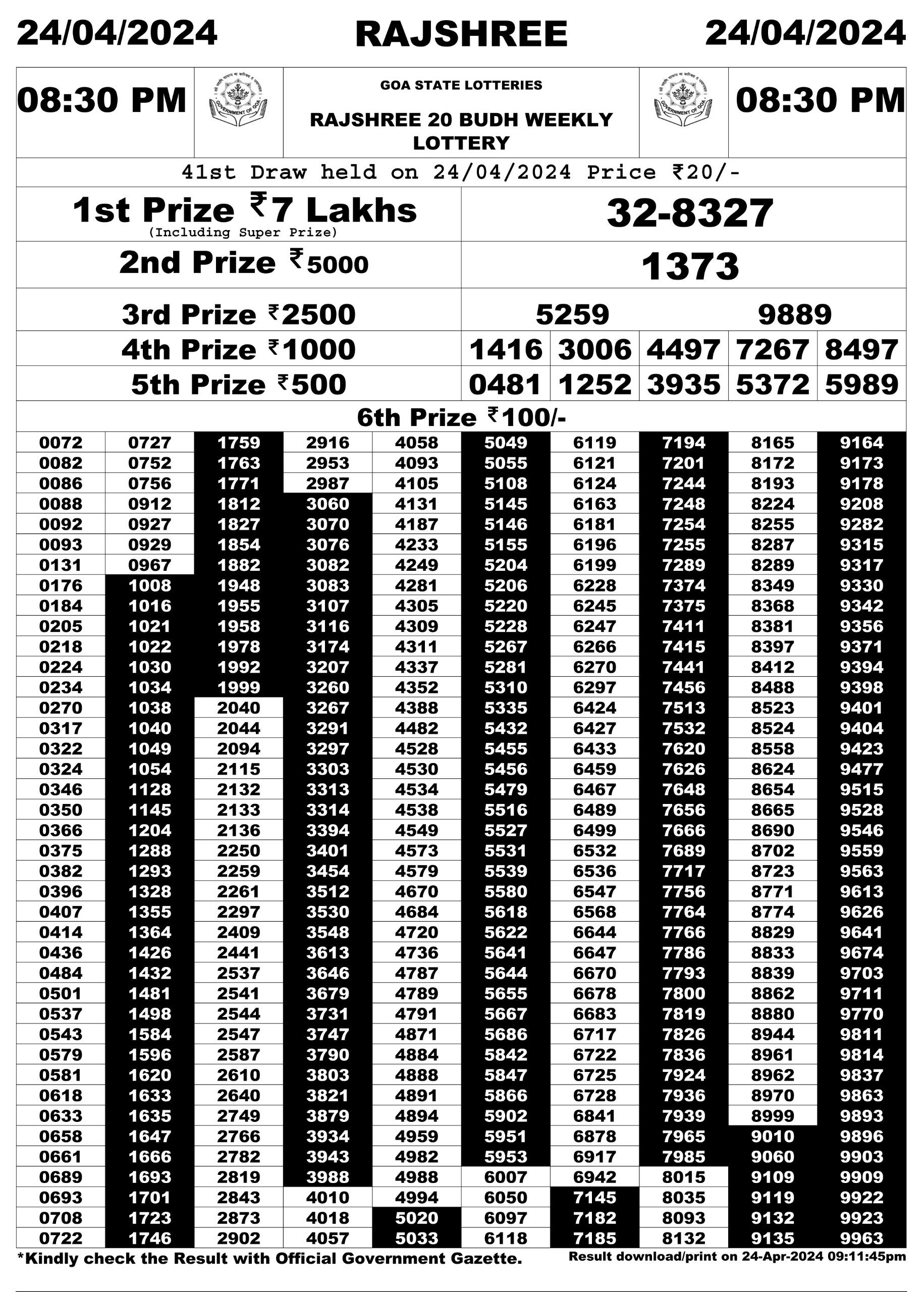 Rajshree20 daily 8.30pm result 24.4.24