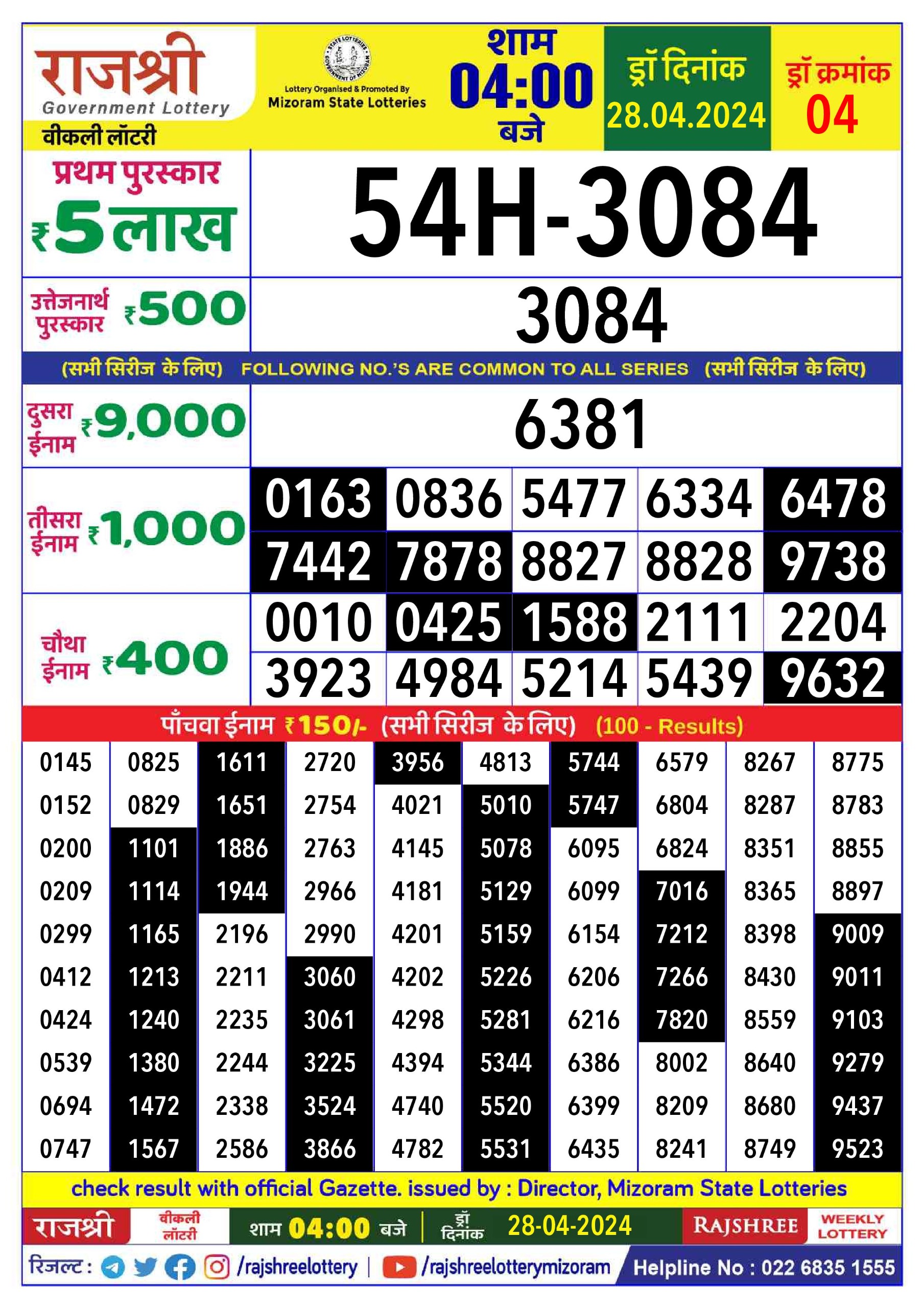 Rajshree Daily Lottery 4PM Result 28Apr 24