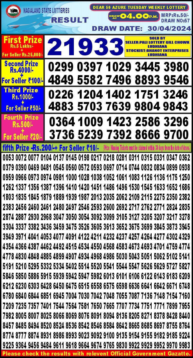 Dear 50 lottery 4pm result 30April 2024