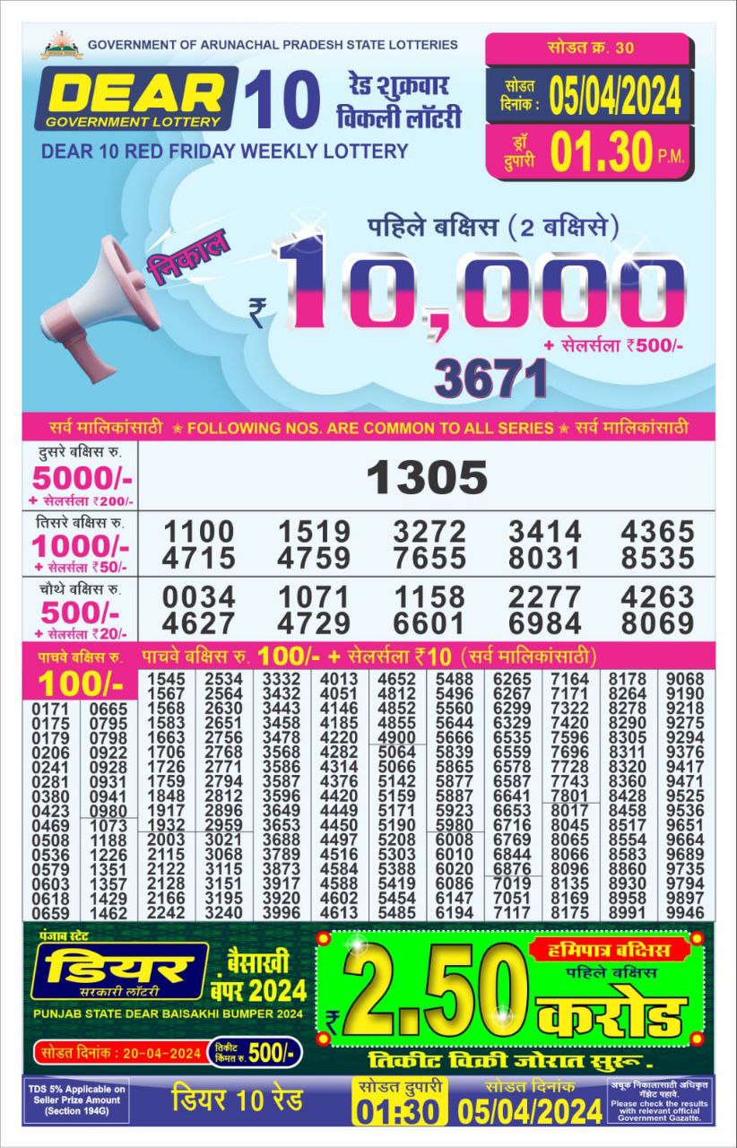 Dear10 Daily Lottery 1.30PM Result 5 Apr 24