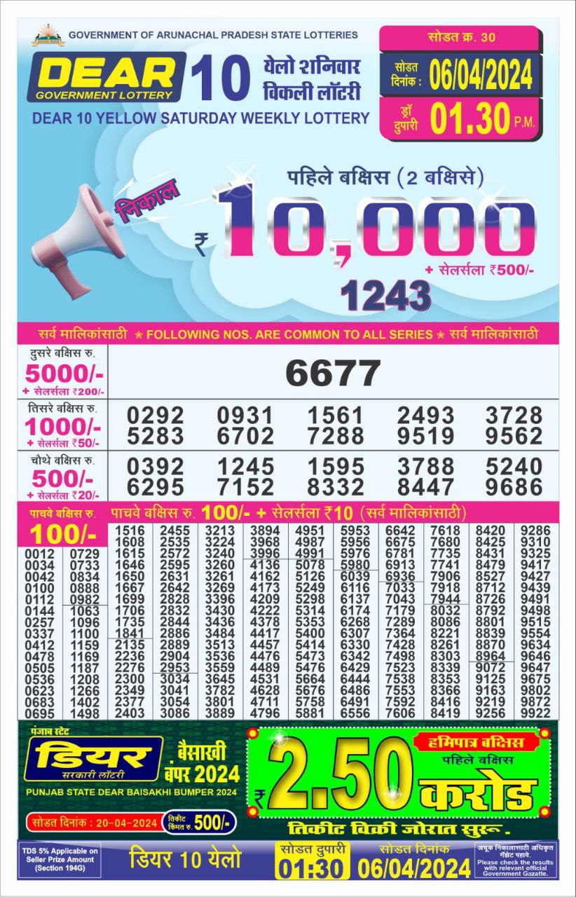 Dear10 Daily Lottery 1.30PM Result 6Apr 24