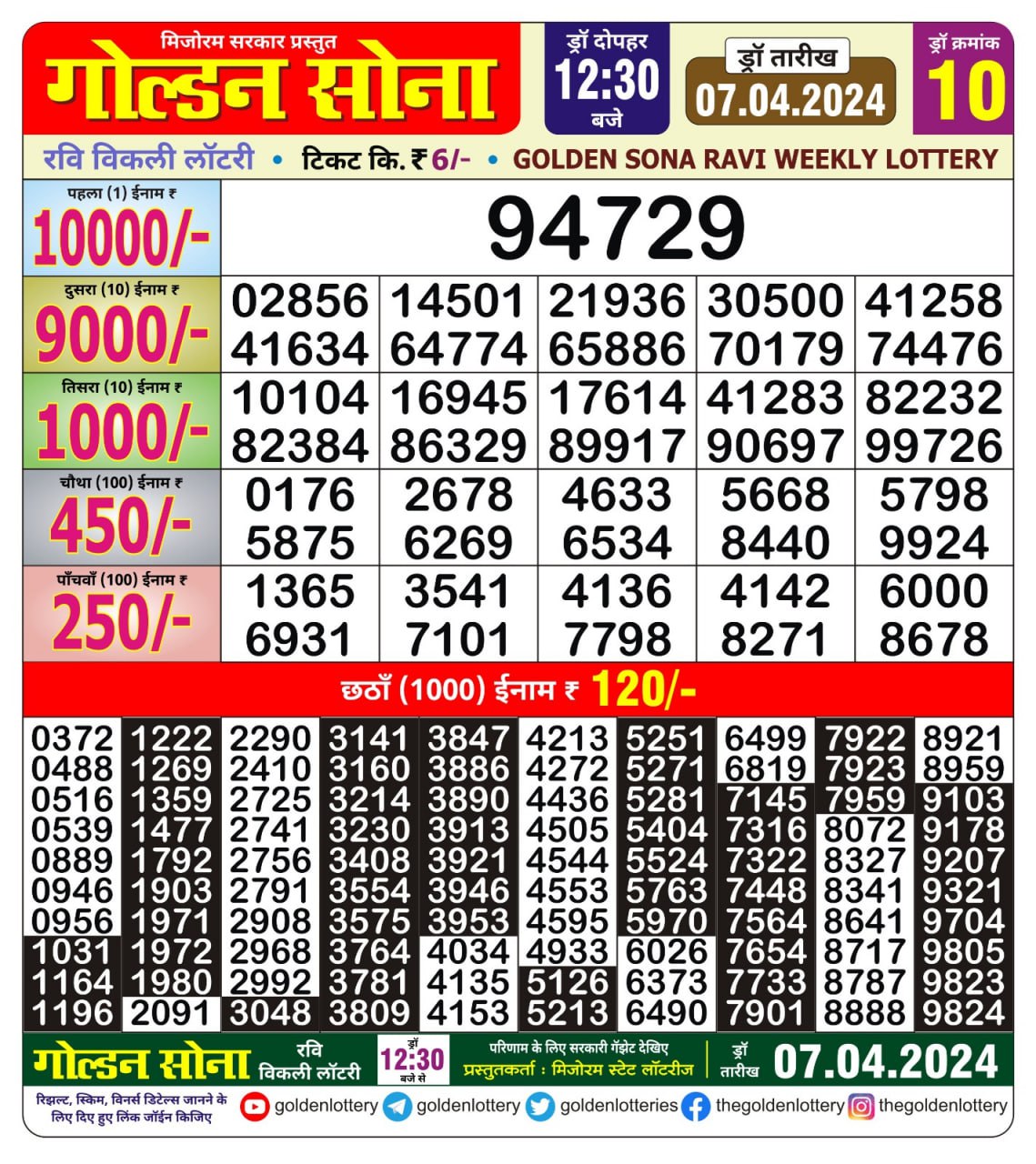 Golden sona 12:30pm lottery result 07/04/24