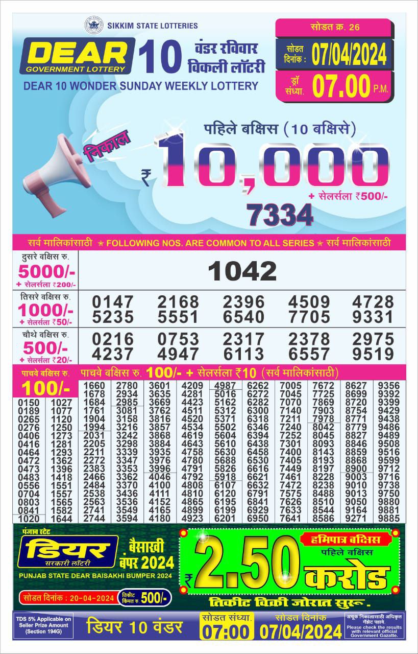 Dear10 Daily Lottery 7PM Result 7Apr 24