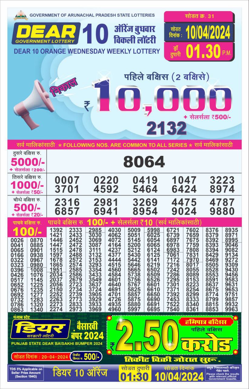 Dear10 Daily Lottery 1.30PM Result 10Apr 24