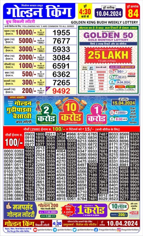 Lottery Sambad Today Result|Golden king lottery 4.30pm 10-4-24