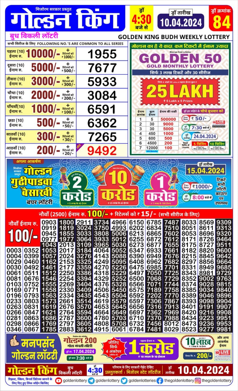 Golden king lottery 4.30pm 10-4-24