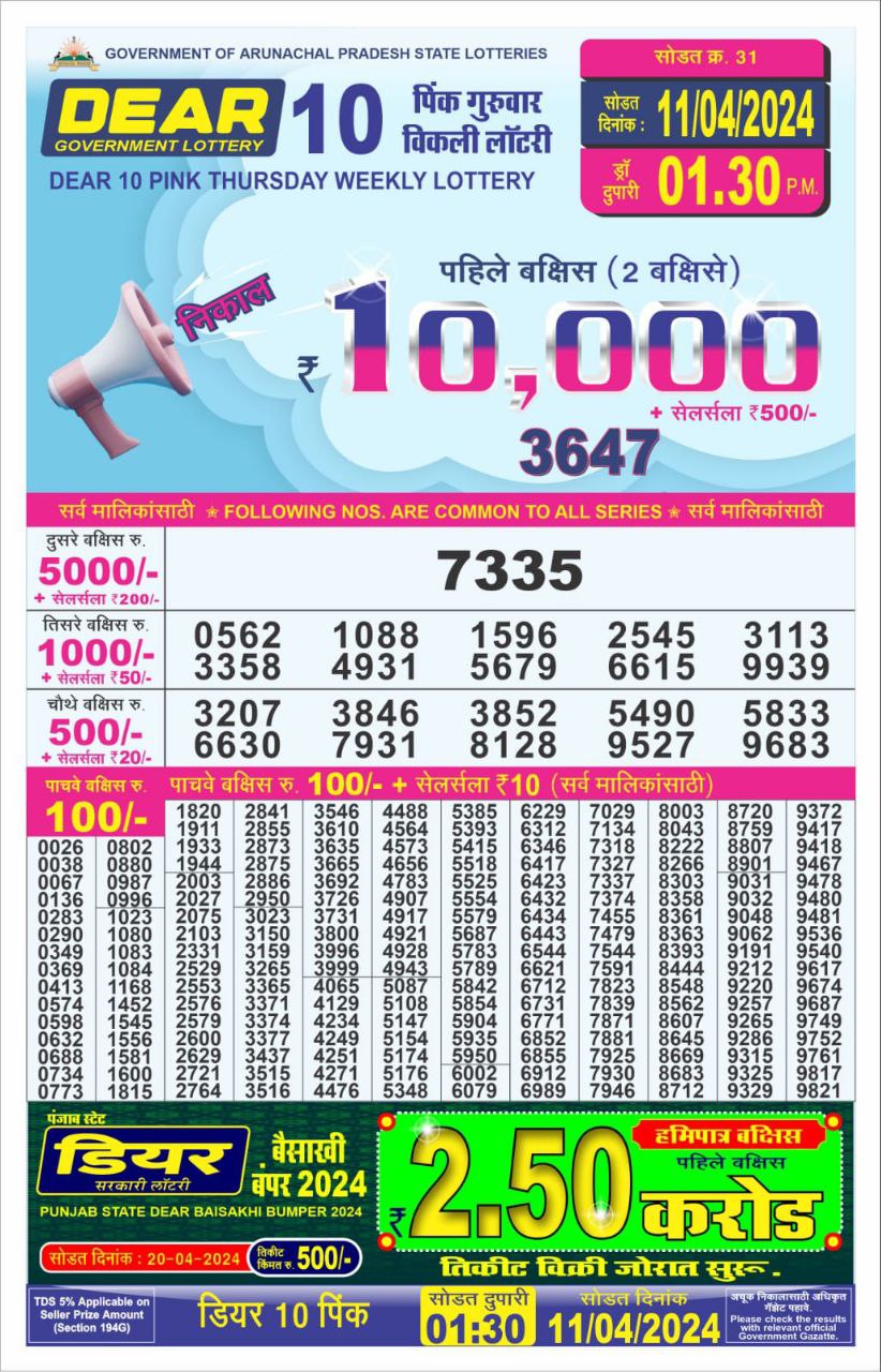 Dear10 Daily Lottery 1.30PM Result 11Apr 24