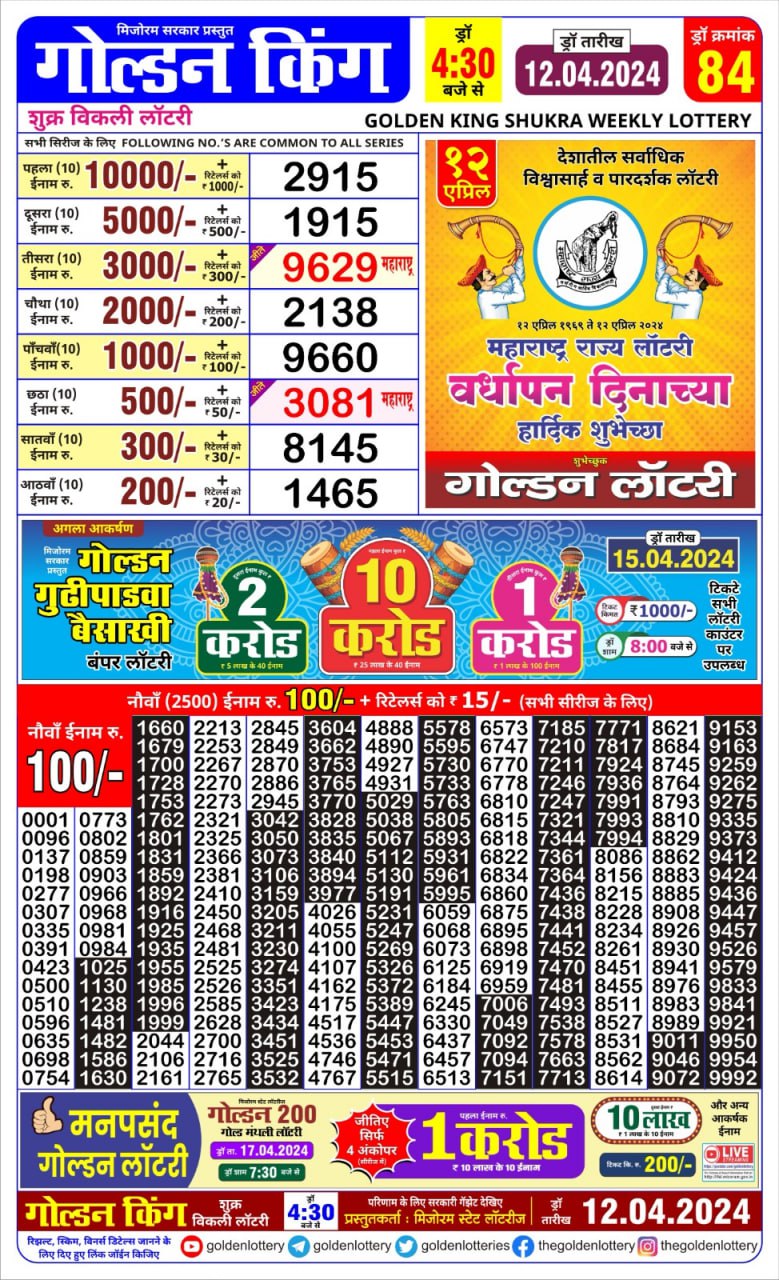 Golden king lottery 4.30pm 12-4-24