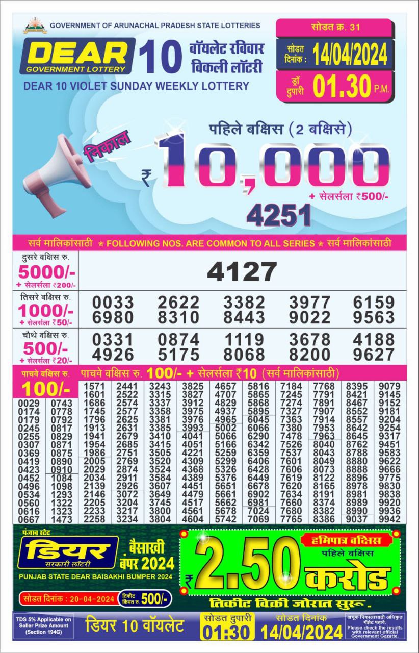 Dear10 Daily Lottery 1.30PM Result 14Apr 24