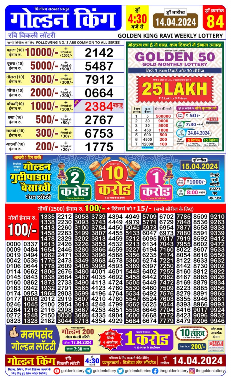 Golden king lottery 4.30pm 14-4-24