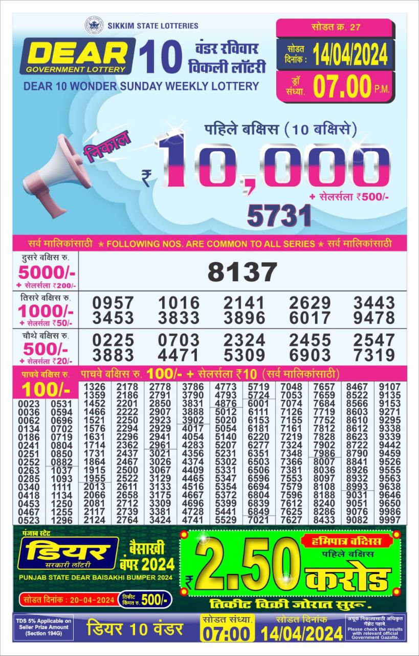 Dear10 Daily Lottery 7PM Result 14Apr 24