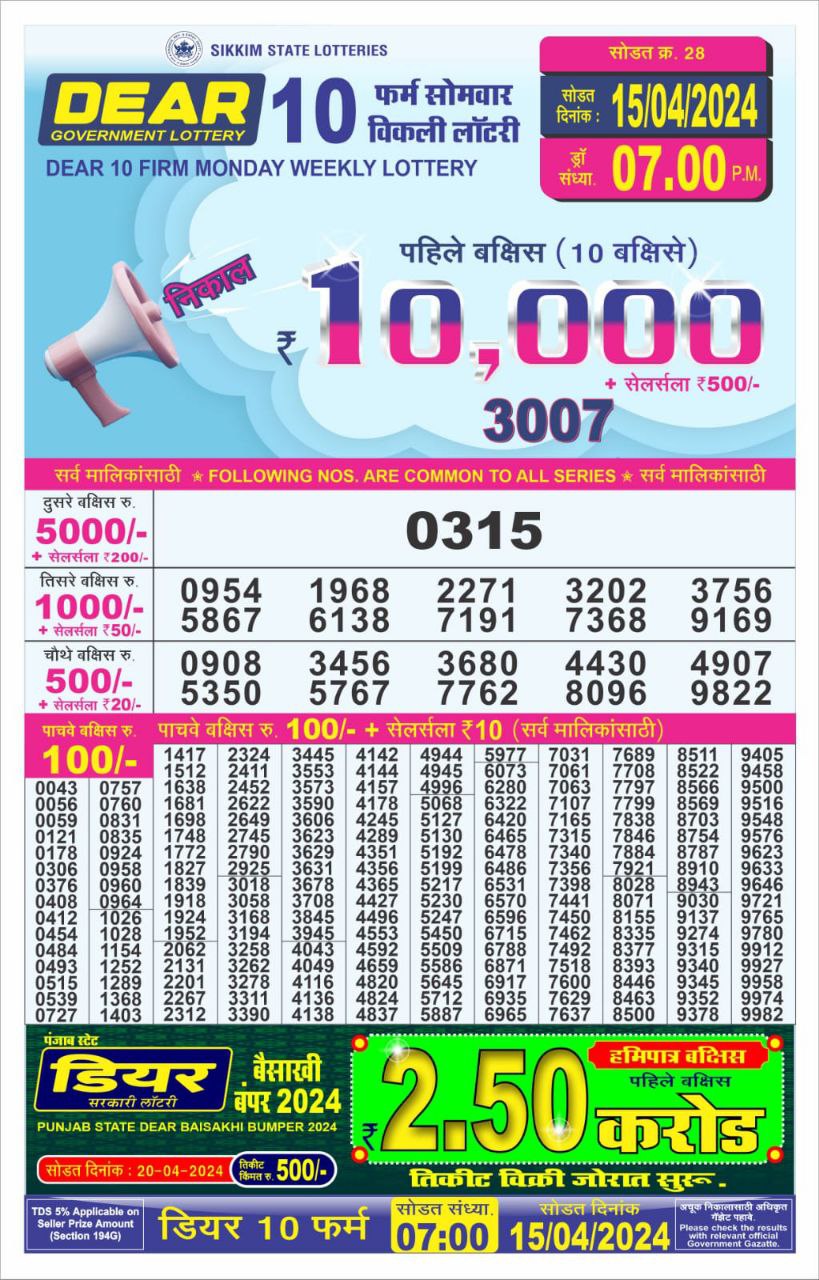 Dear10 Daily Lottery 7PM Result 15Apr 24