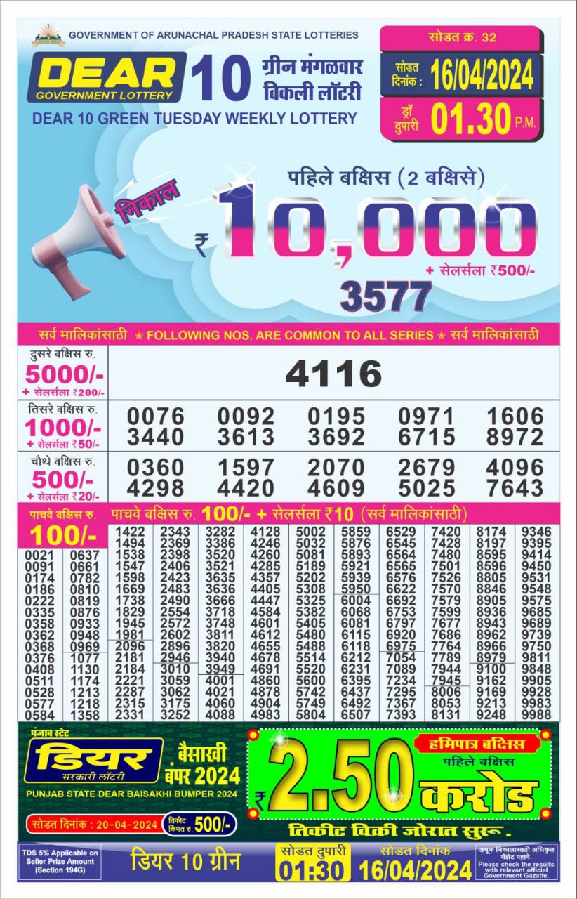 Dear10 Daily Lottery 1.30PM Result 16Apr 24