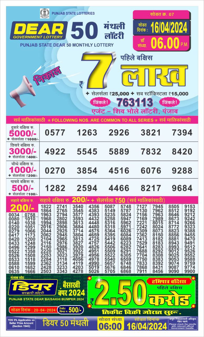 Dear 50 Lottery 6PM Result 16Apr 24