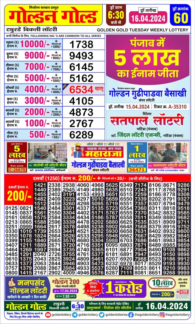 Golden gold 6:30pm lottery result 16/04/24