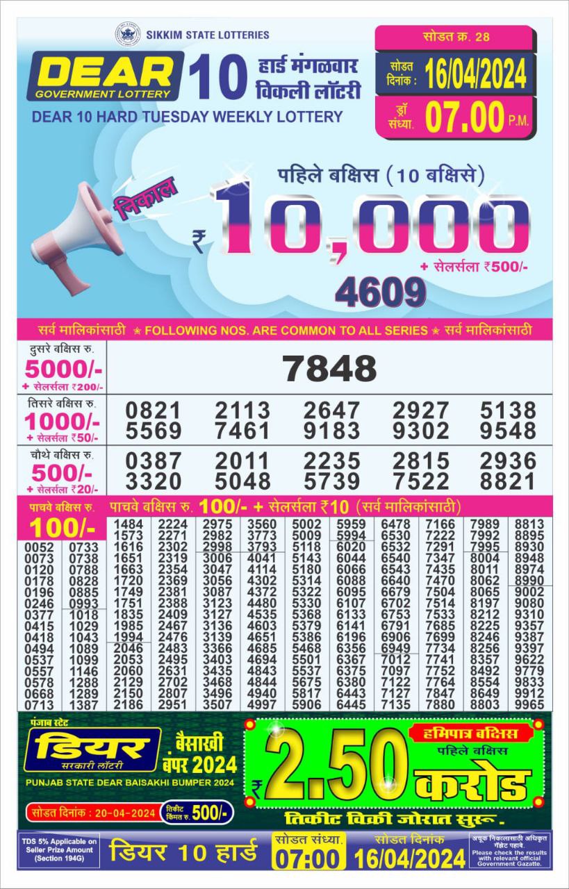 Dear10 Daily Lottery 7PM Result 16Apr 24