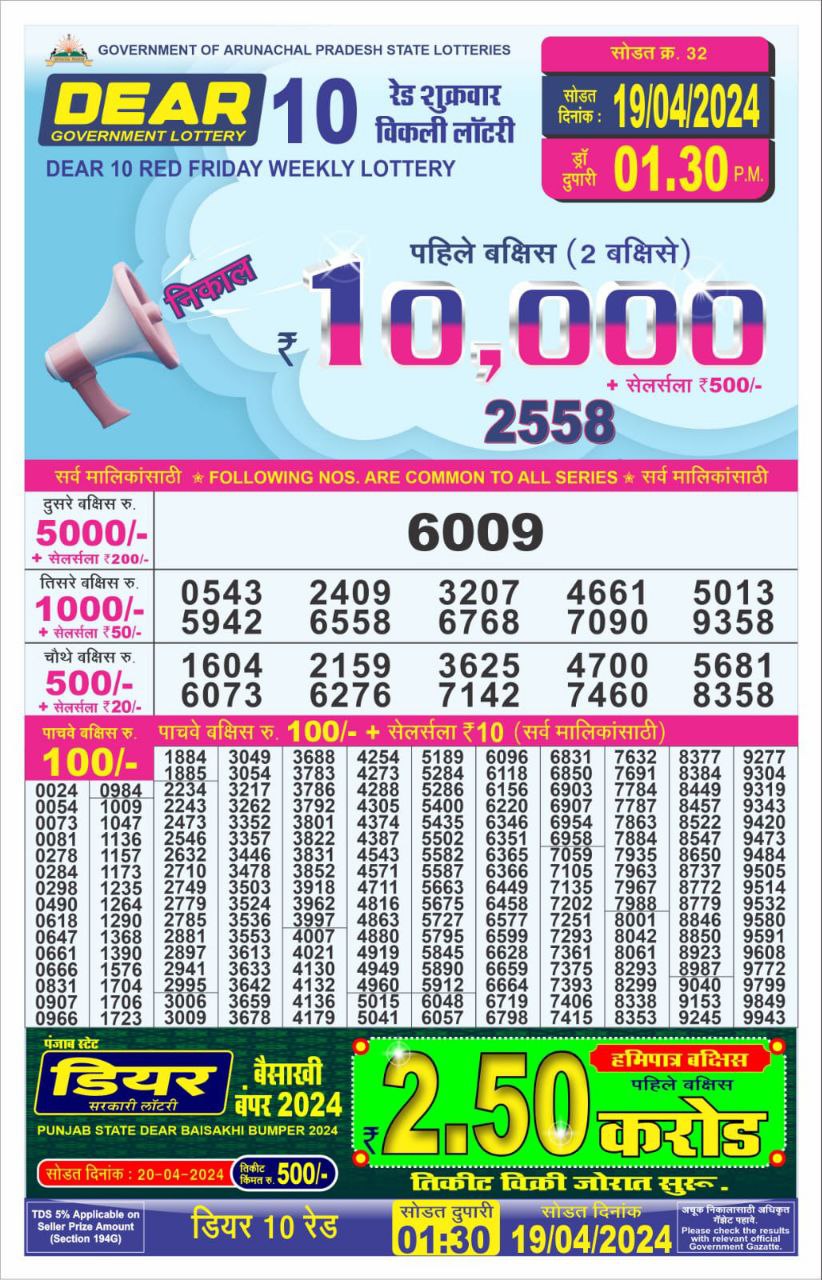 Dear10 Daily Lottery 1.30PM Result 19Apr 24