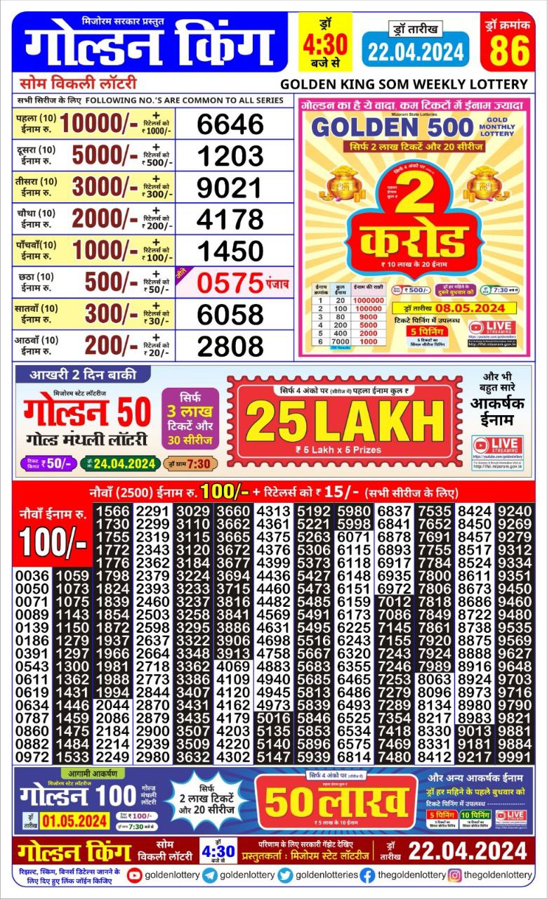 Golden king lottery 4.30pm 22-4-24