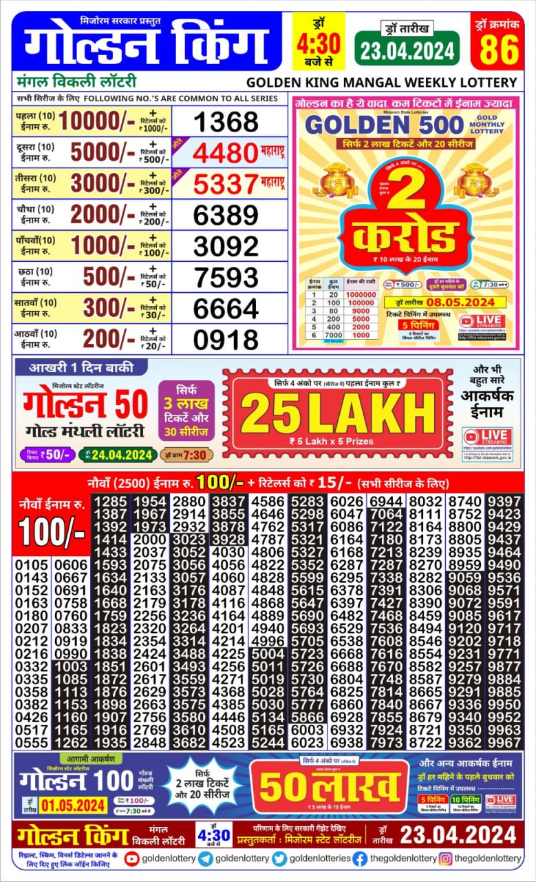 Golden king lottery 4.30pm 23-4-24